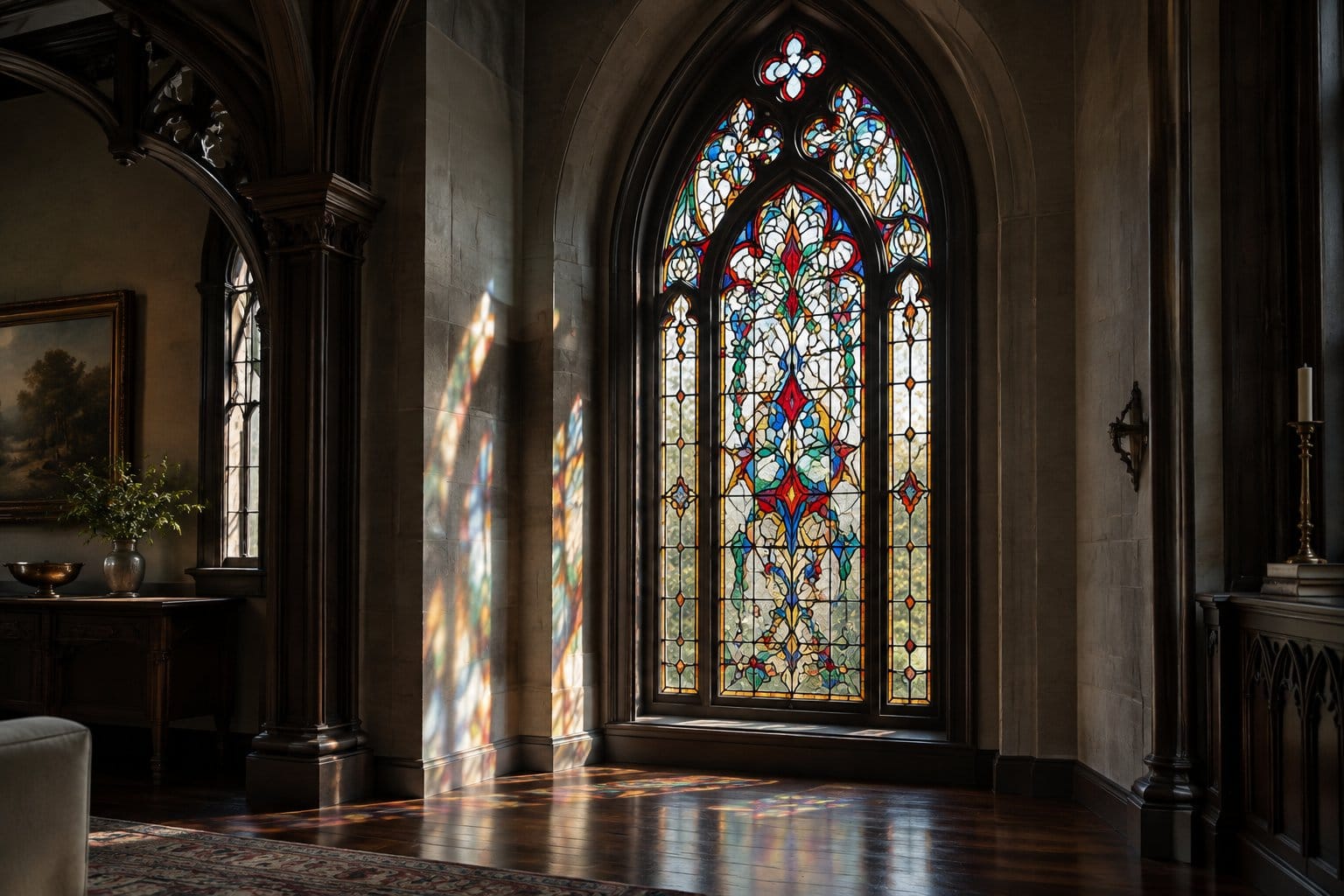 A tall patterned window casts colorful light across a room.