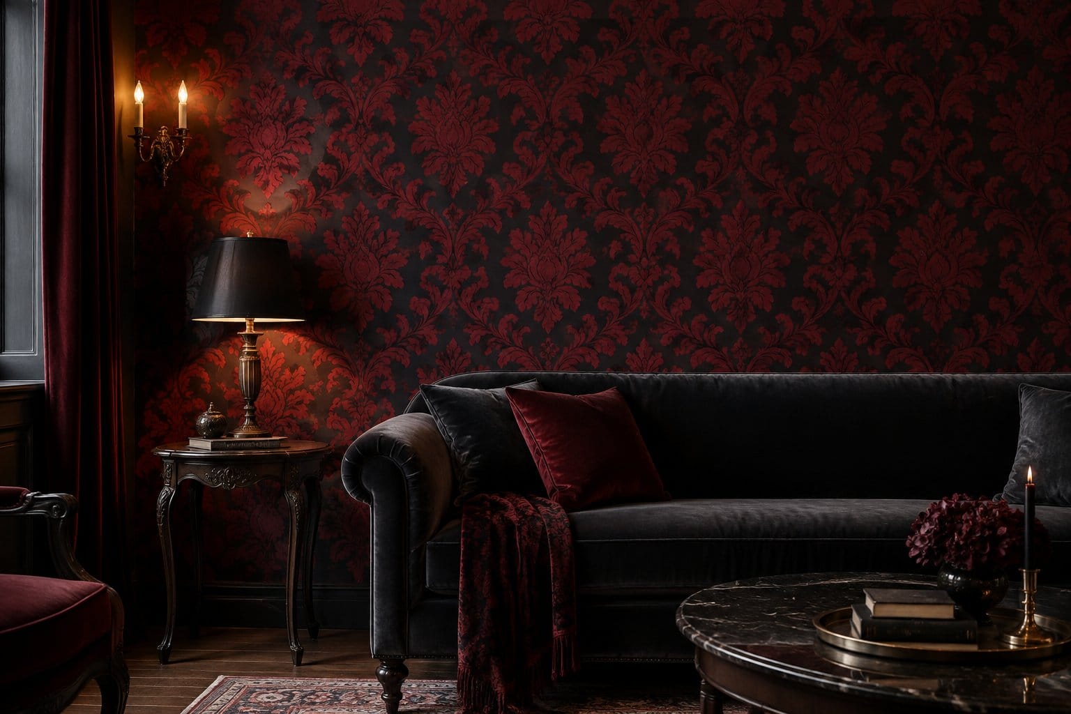 A living room with a patterned wall behind a sofa and side table.
