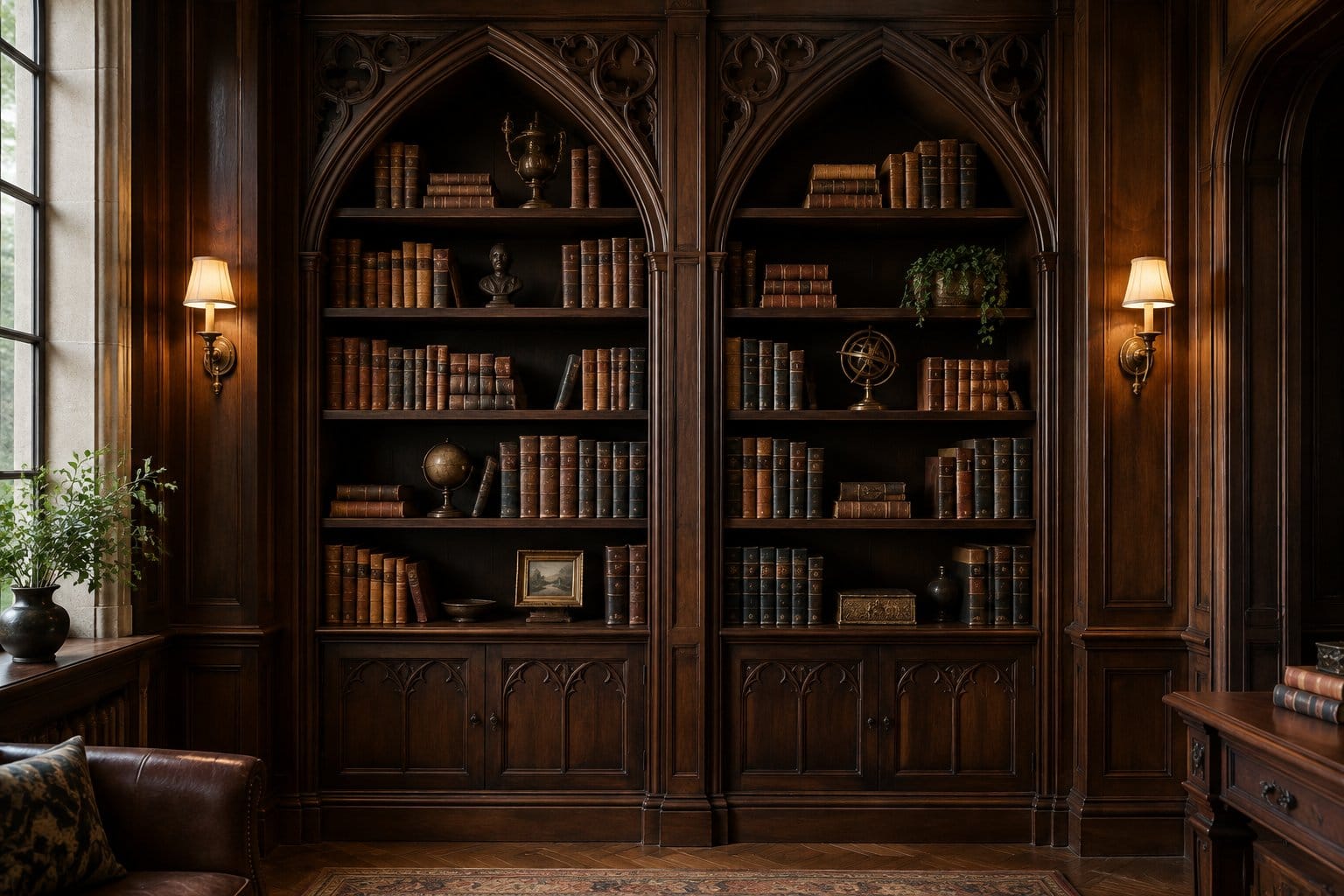 Two tall bookcases filled with books stand in a room.