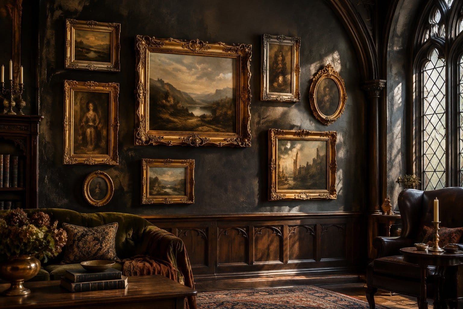 A collection of framed pictures hangs on a dark wall above a furnished sitting room.