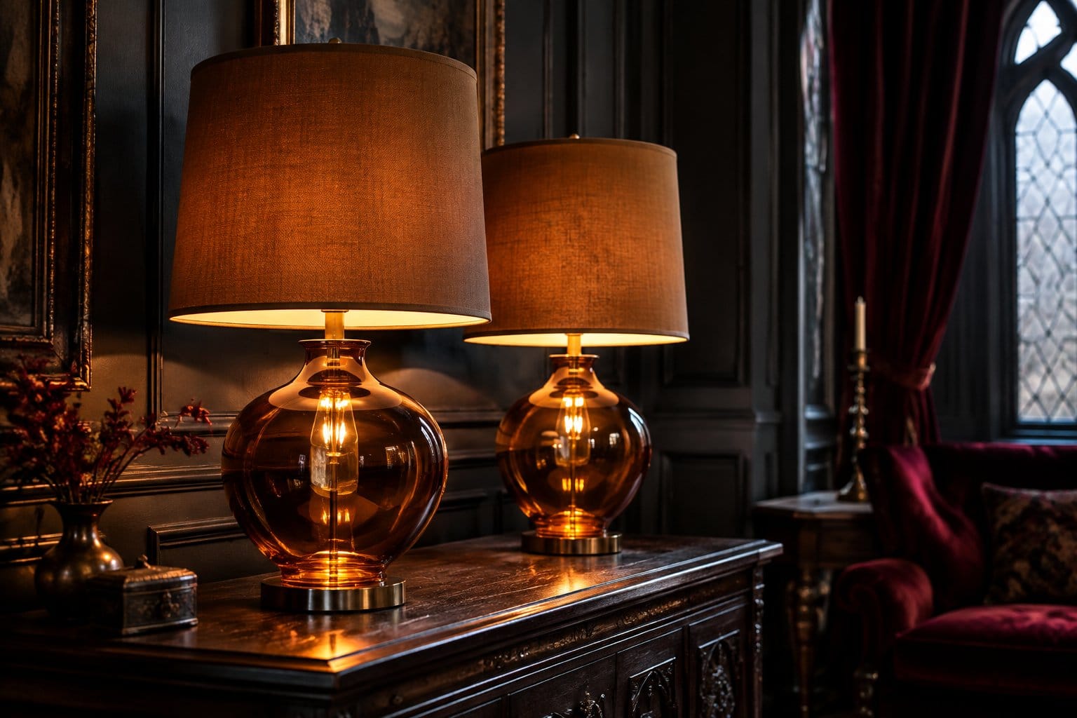 Two glowing amber-glass table lamps sit on a dark console.
