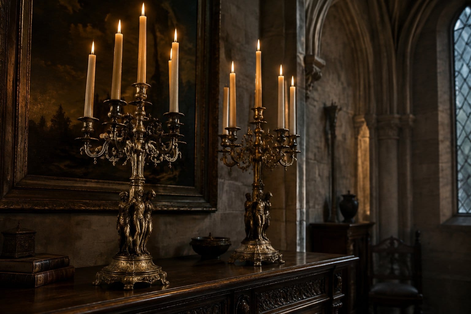 Two candlelit brass candelabras sit on a dark wooden surface.