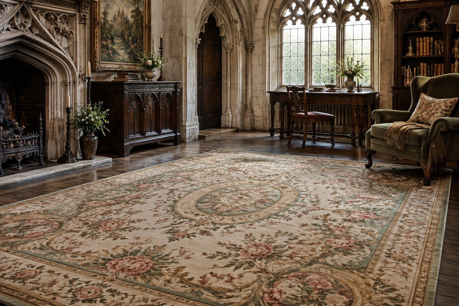 A floral rug lies on the floor of an ornate room.