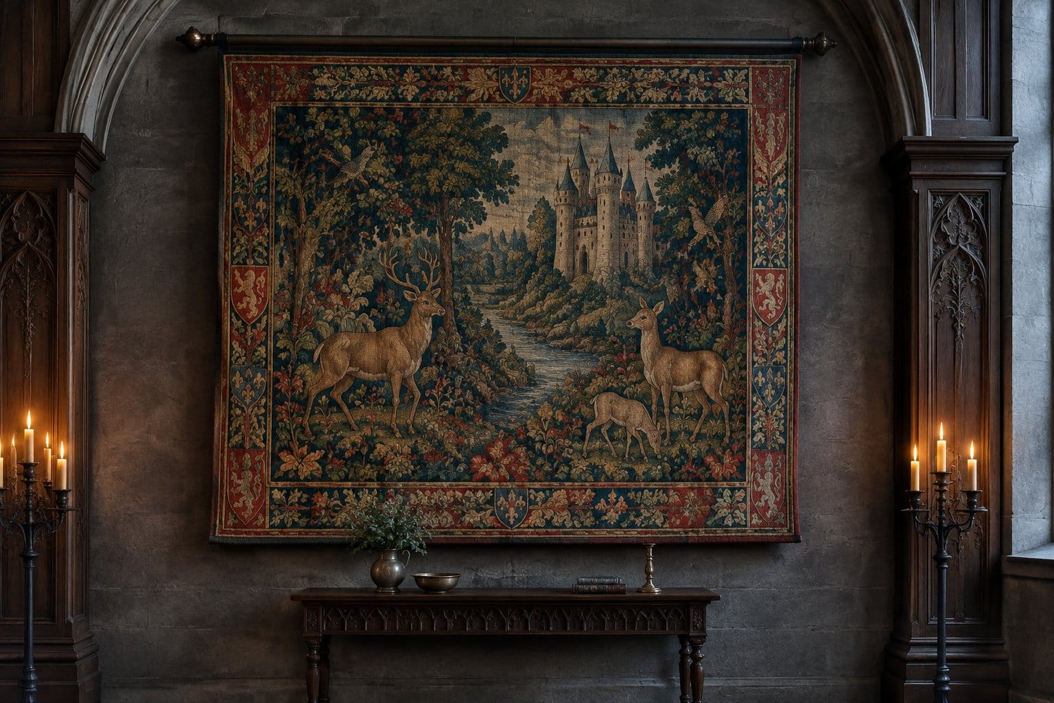 A detailed tapestry hangs on a stone wall above a wooden console table.