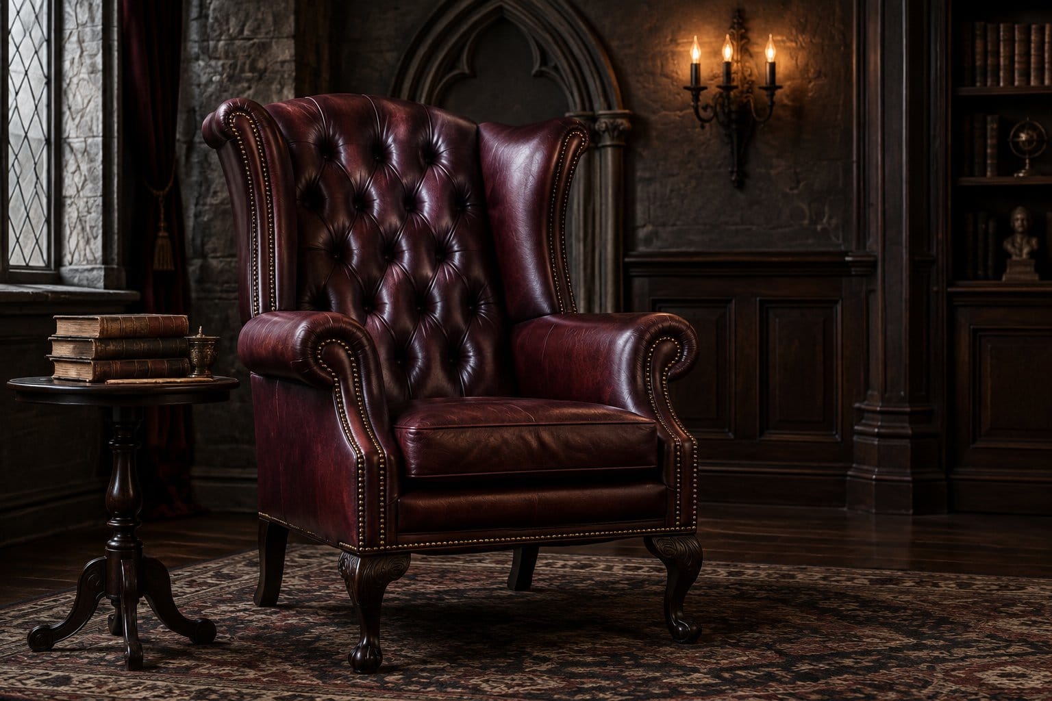A tufted leather wingback chair stands in a dimly lit room.