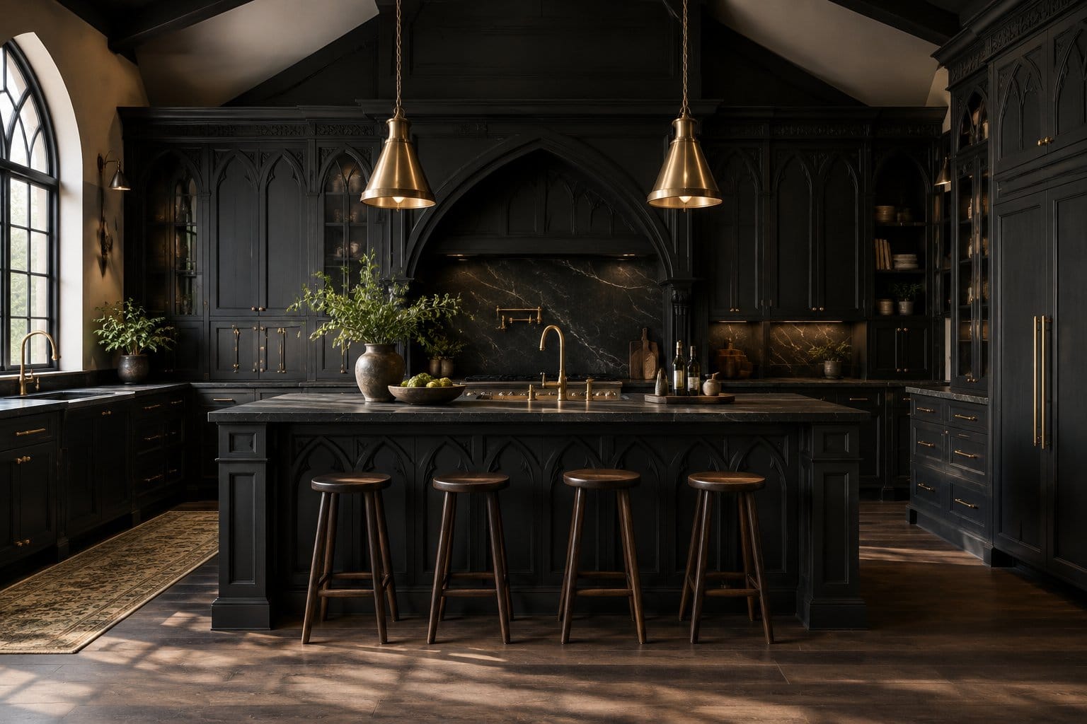 A kitchen with black cabinets, brass handles, and a central island.