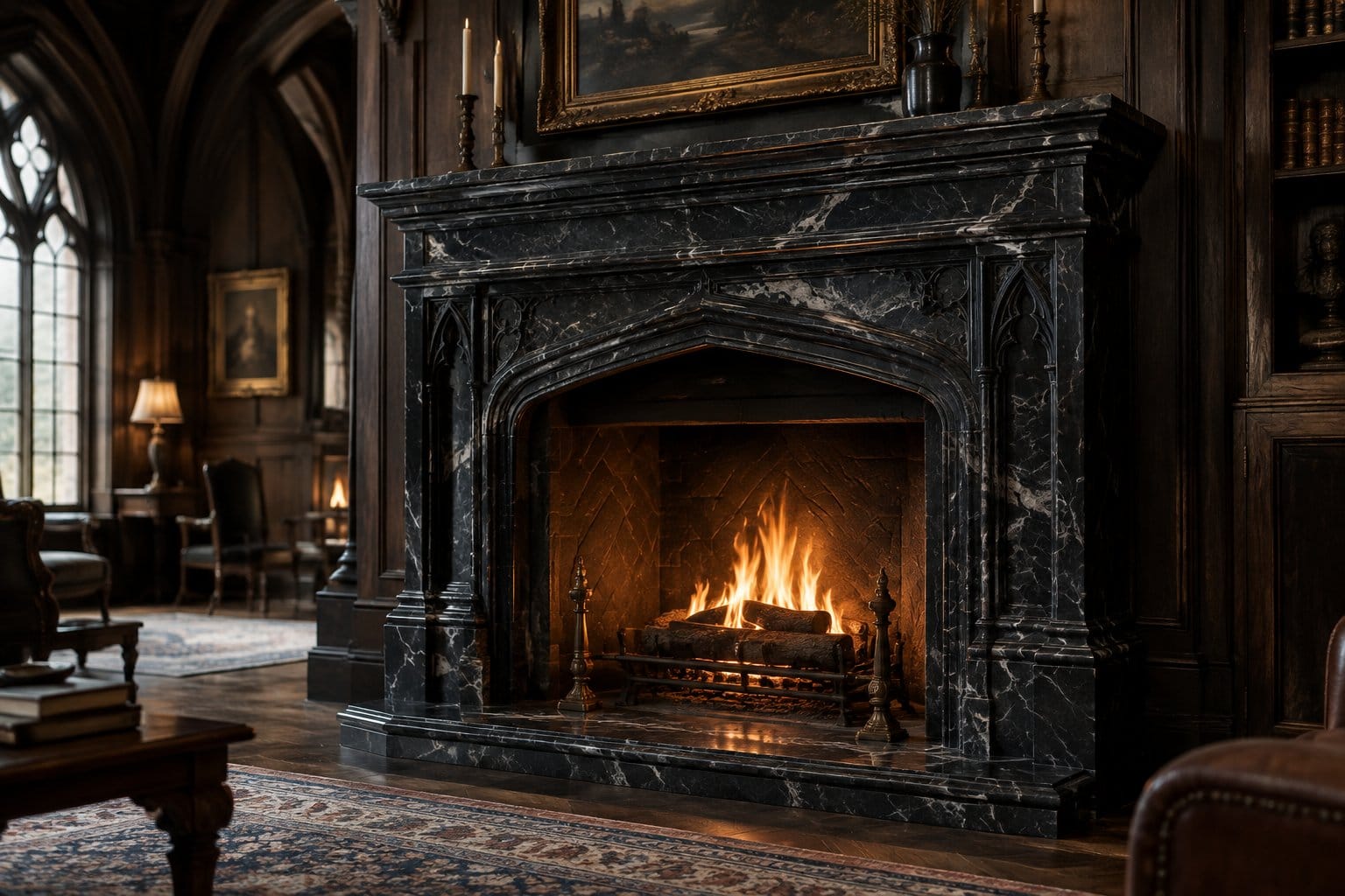 A dark marble fireplace with a glowing fire.