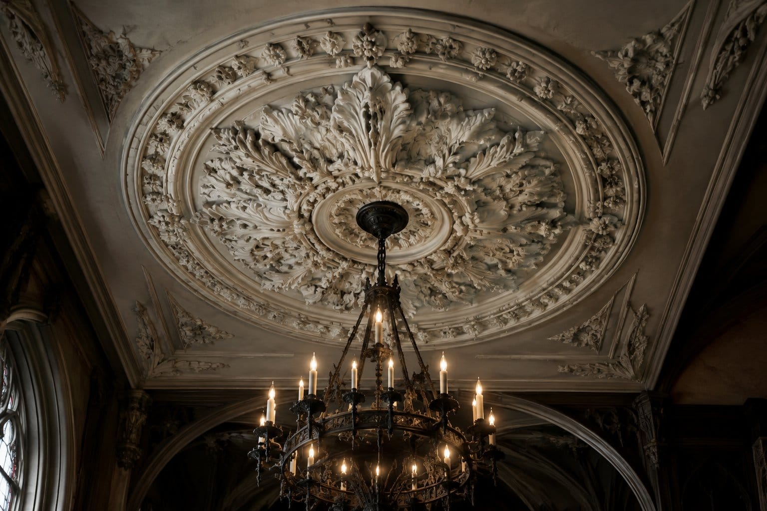 A decorative circular ceiling medallion surrounding a hanging chandelier.