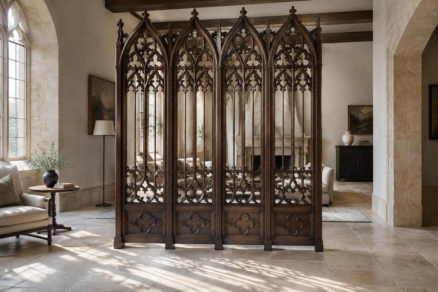 A carved wooden divider stands between two areas of a room.