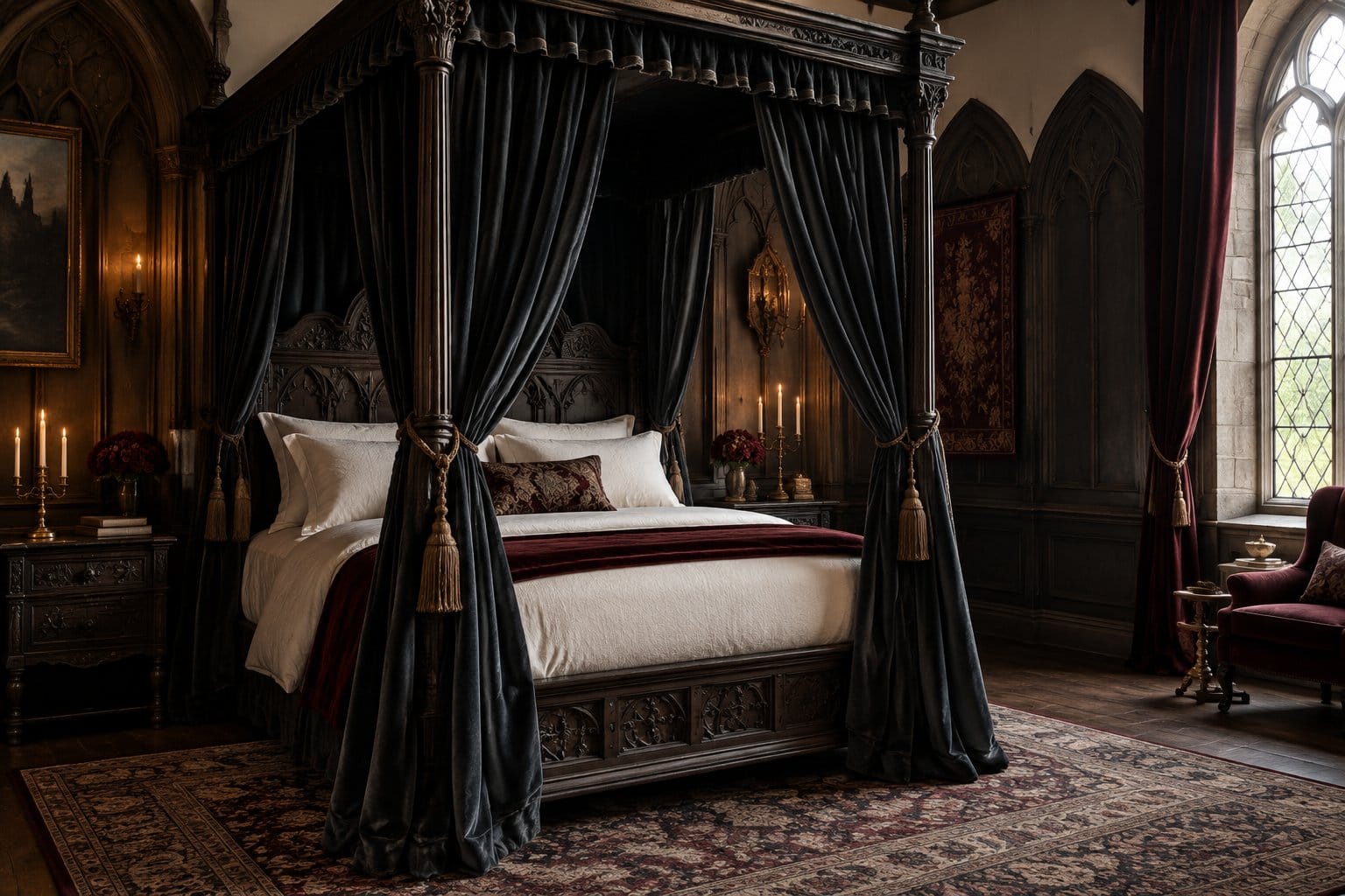 A four-poster bed with dark curtains and light bedding in a bedroom.