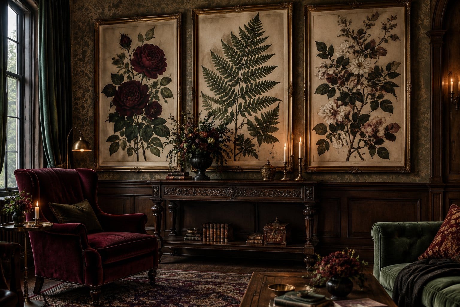 A sitting room with large botanical pictures above a wooden console table.