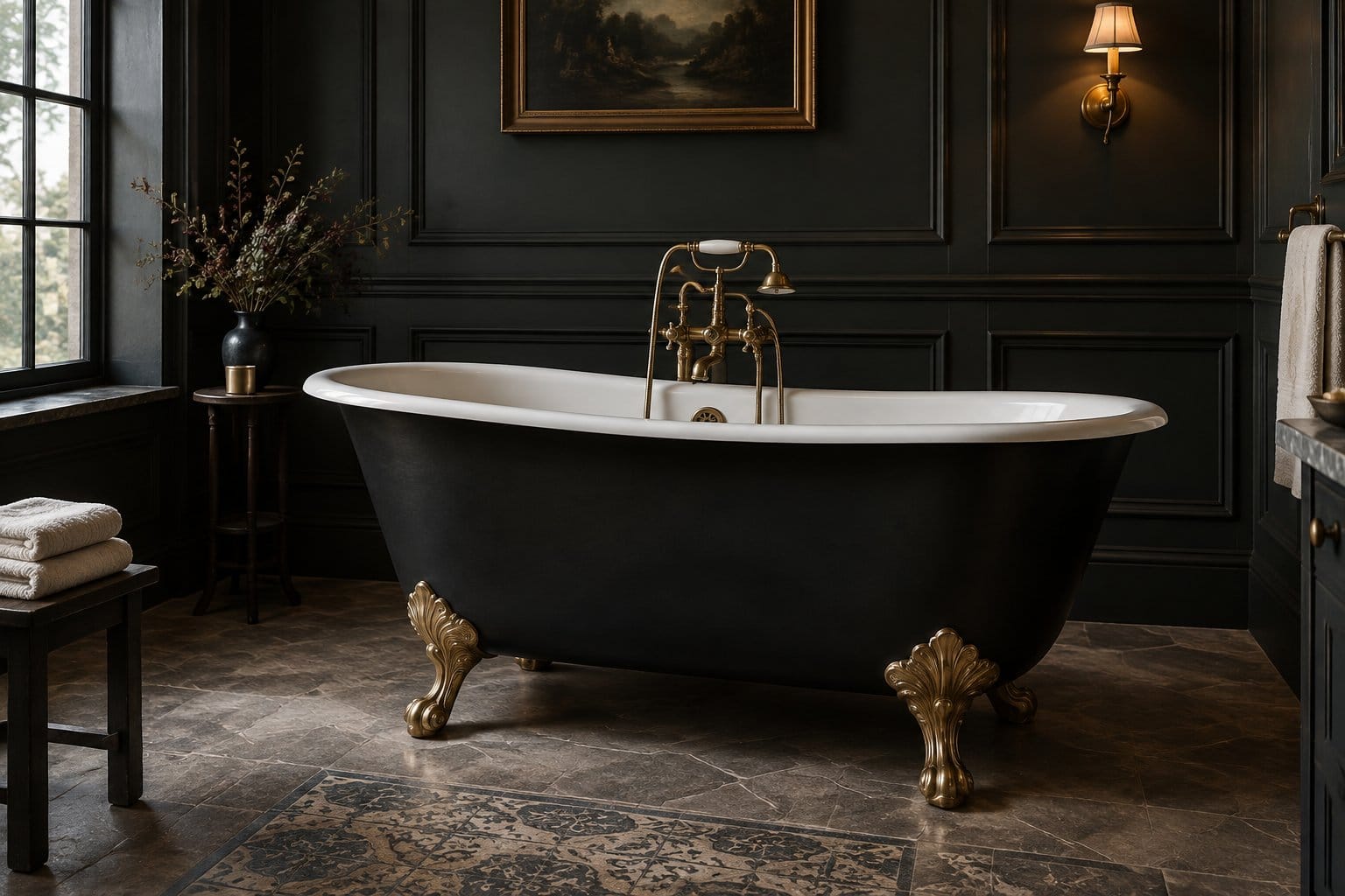 A black clawfoot bathtub in a bathroom.