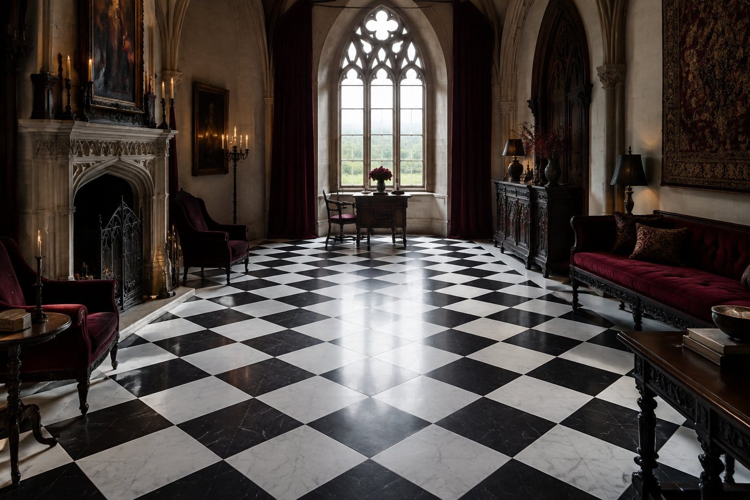 A room with a black-and-white checkerboard floor and a tall arched window.
