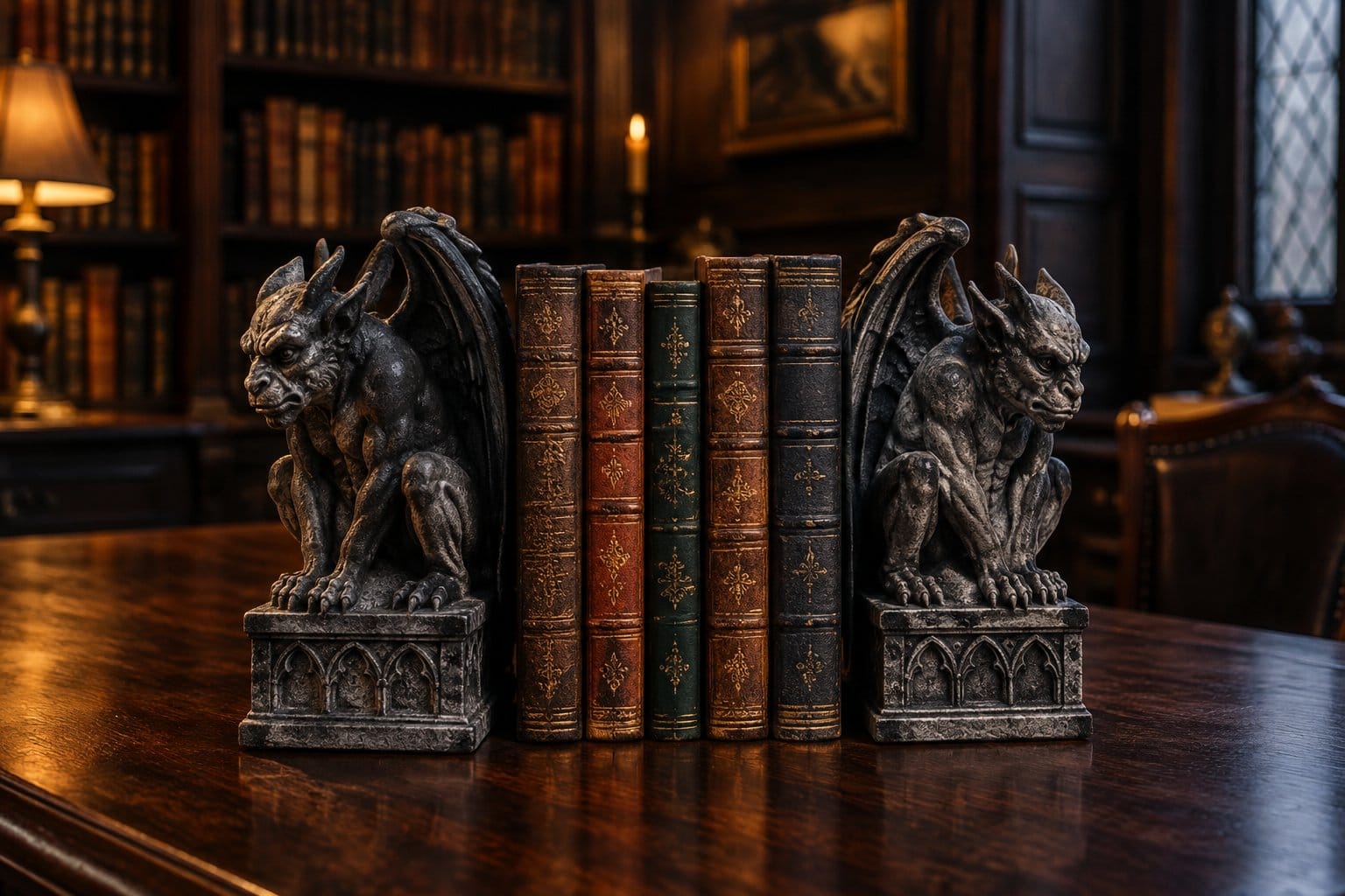 Two gargoyle bookends hold a row of books on a wooden table.