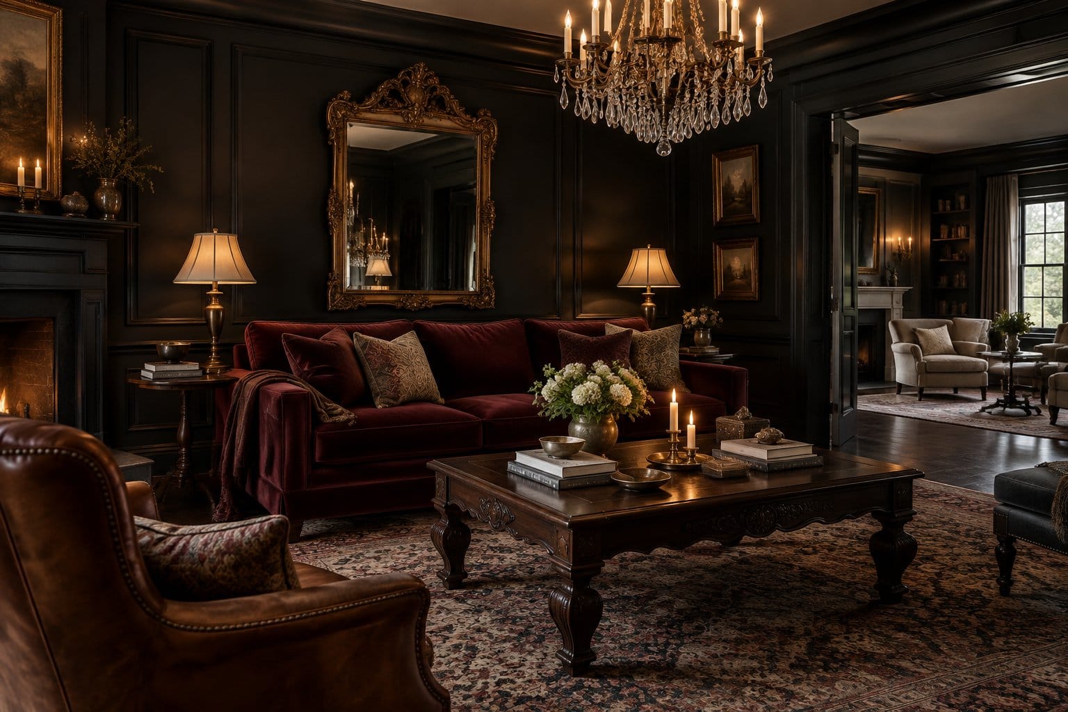 A furnished living room with a sofa, coffee table, lamps, and chandelier.