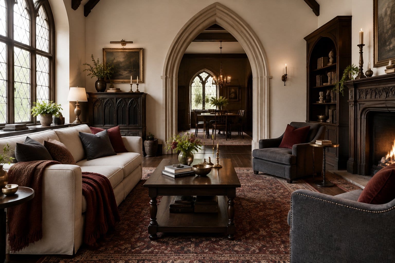 A furnished living room with a sofa, chairs, and a tall arched doorway.