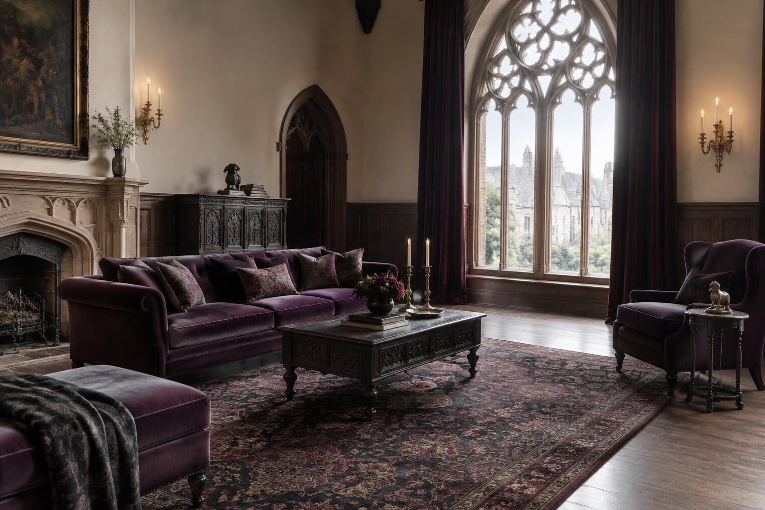 A furnished living room with a large window, sofa, chairs, and a rug.