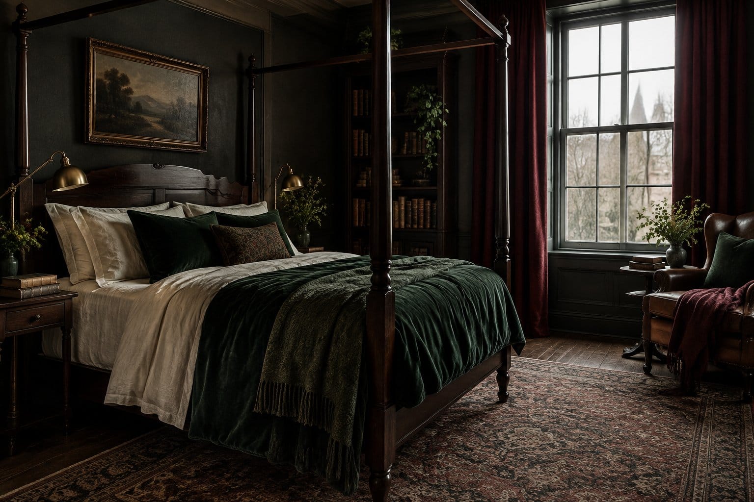 A bedroom with a large bed, a reading chair, a bedside table, and a tall window.