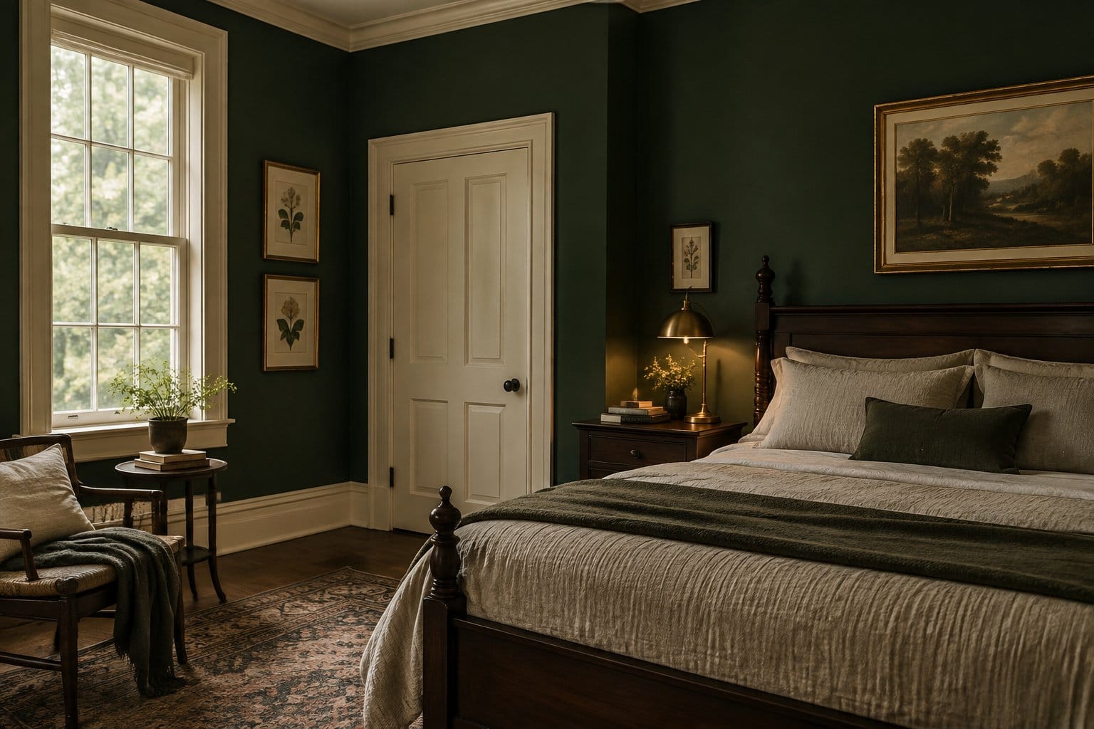 A bedroom with forest-green walls, cream trim, a wooden bed, and a bedside lamp.