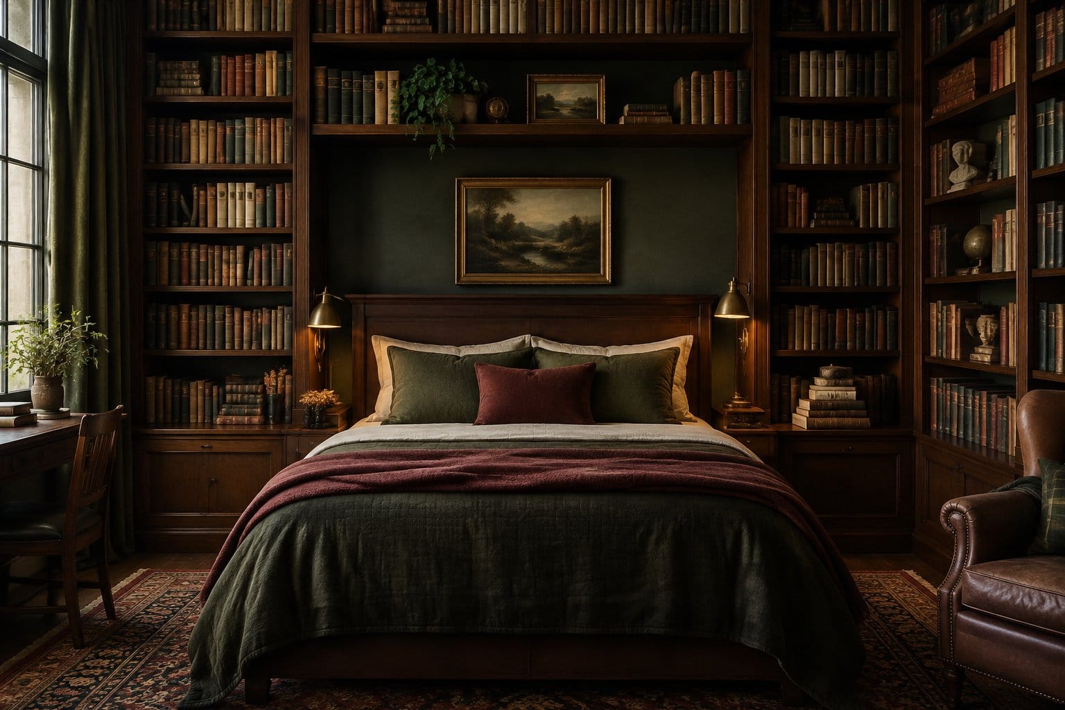 A bed stands between tall bookshelves filled with books.
