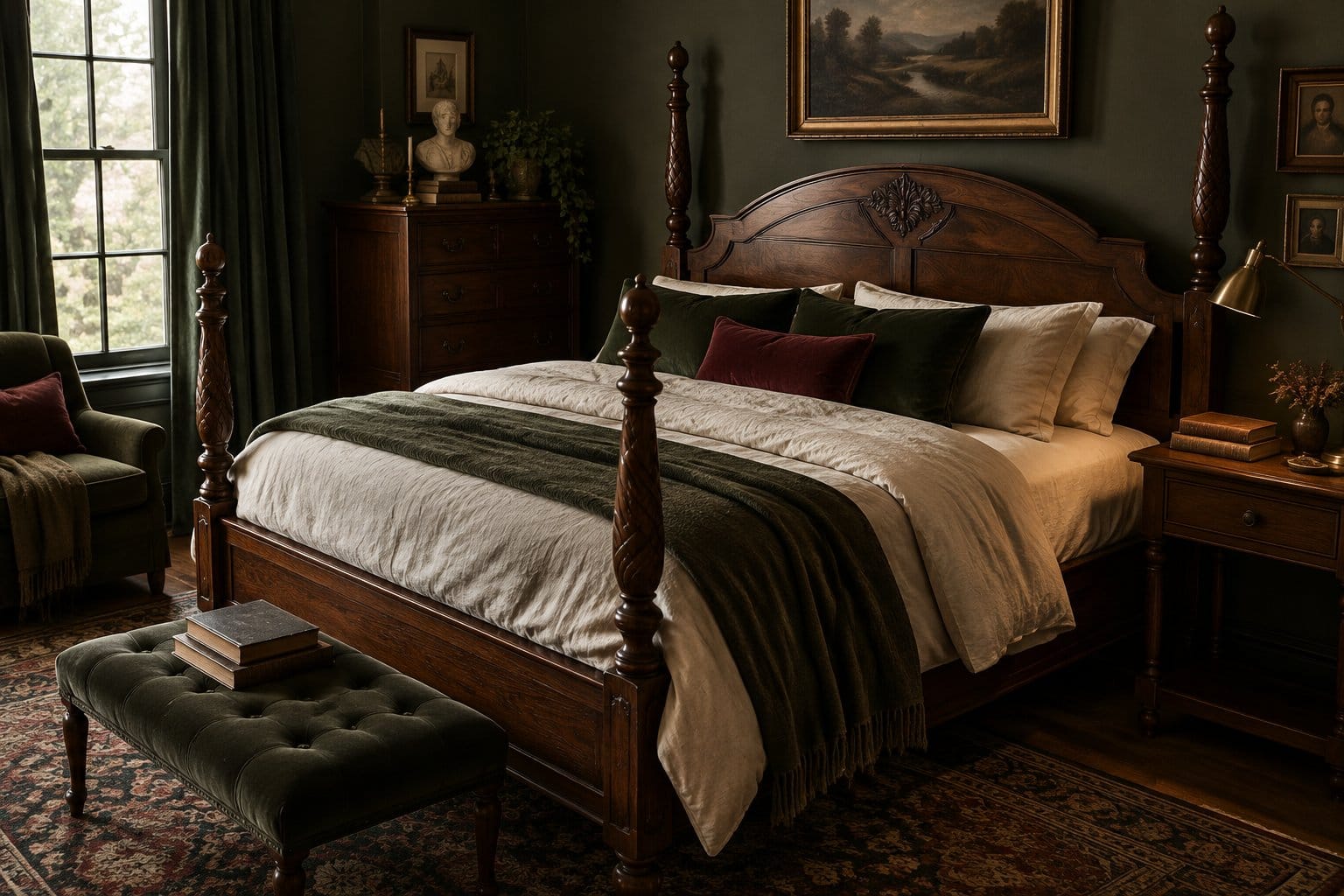 A carved walnut bed with layered bedding in a furnished bedroom.