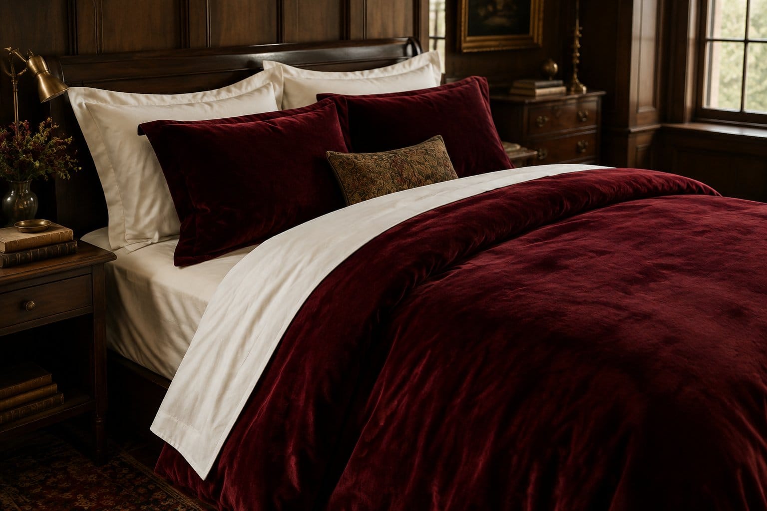 A bed with burgundy velvet bedding layered over crisp white sheets.