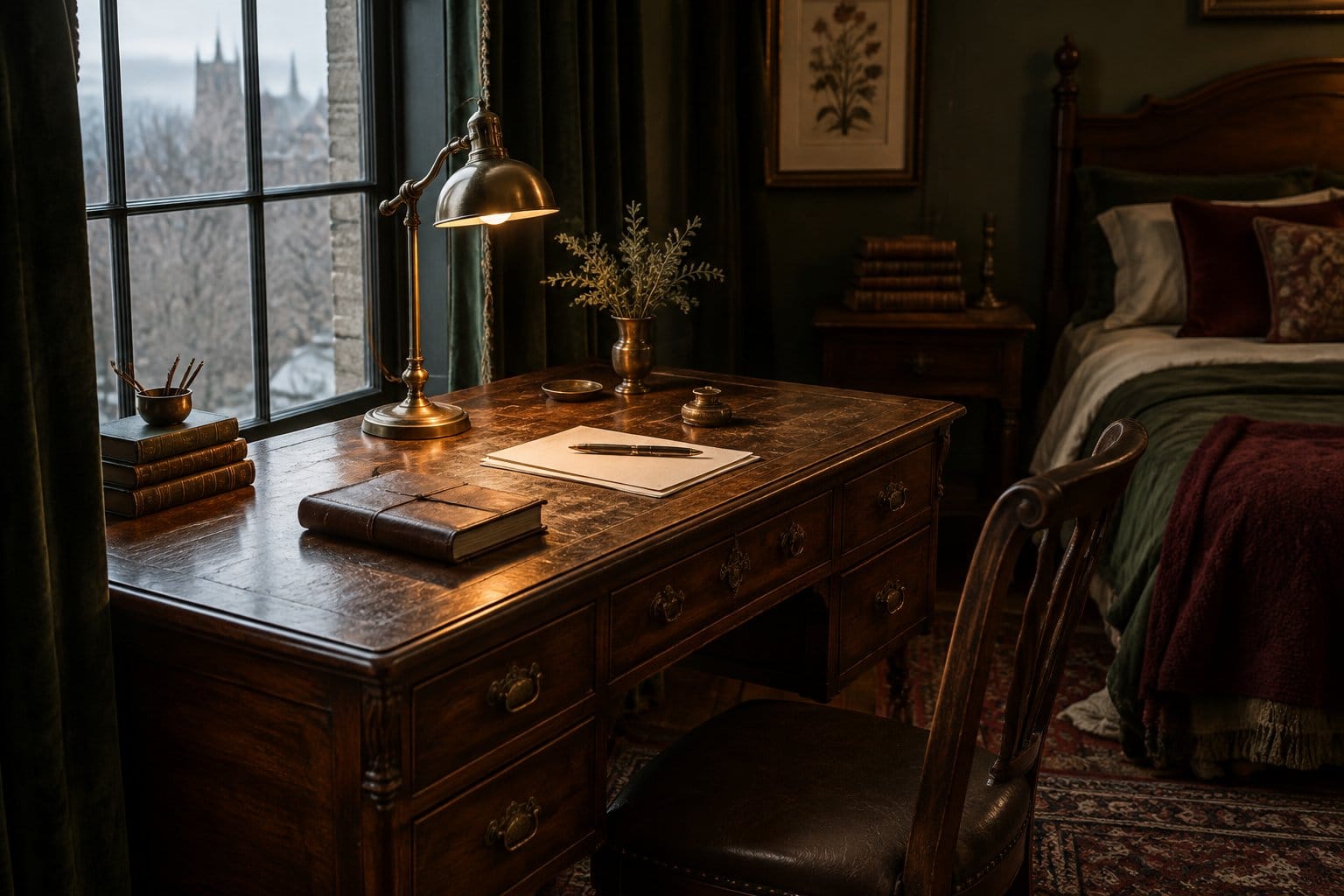 A wooden writing desk with books and papers beside a window in a bedroom.
