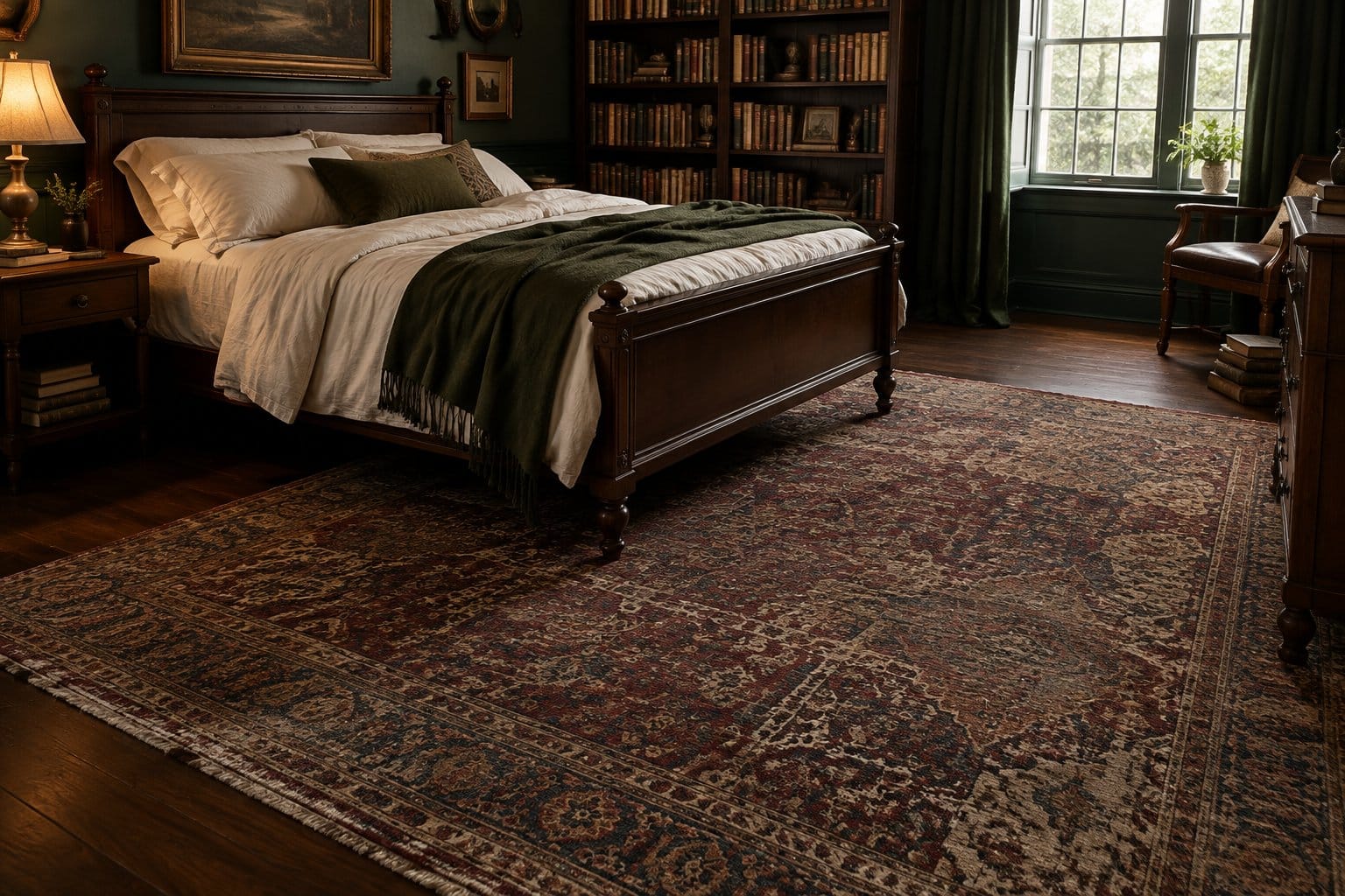 A patterned rug lies across the floor of a bedroom.