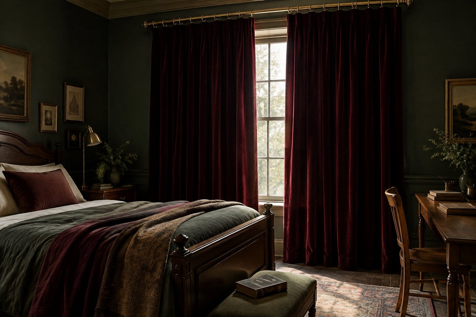 A bedroom window framed by burgundy curtains on brass rods.