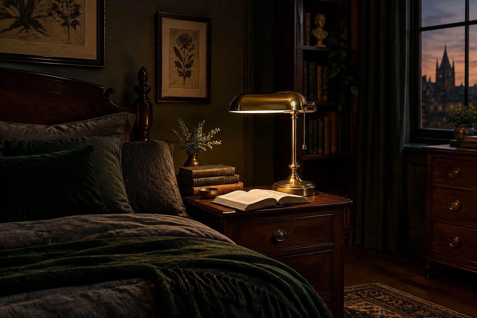 A brass lamp lights an open book beside a dark wooden bed.