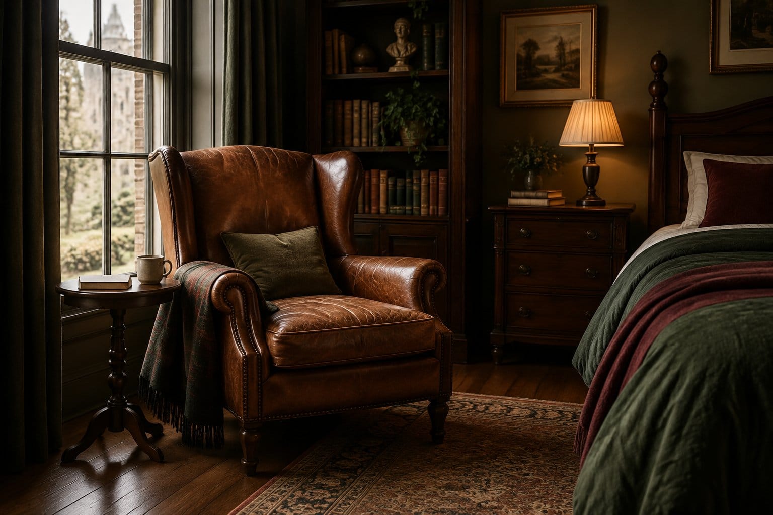 A leather wingback chair beside a window in a bedroom.