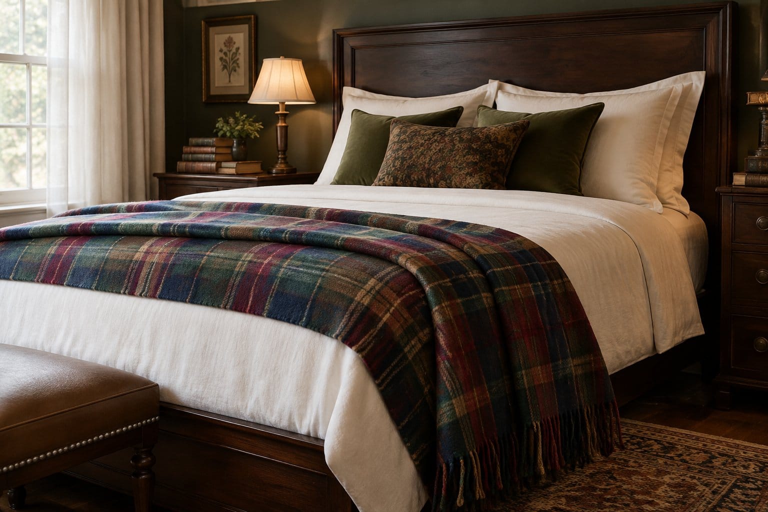 A tartan wool throw is draped across the foot of a neatly made bed.