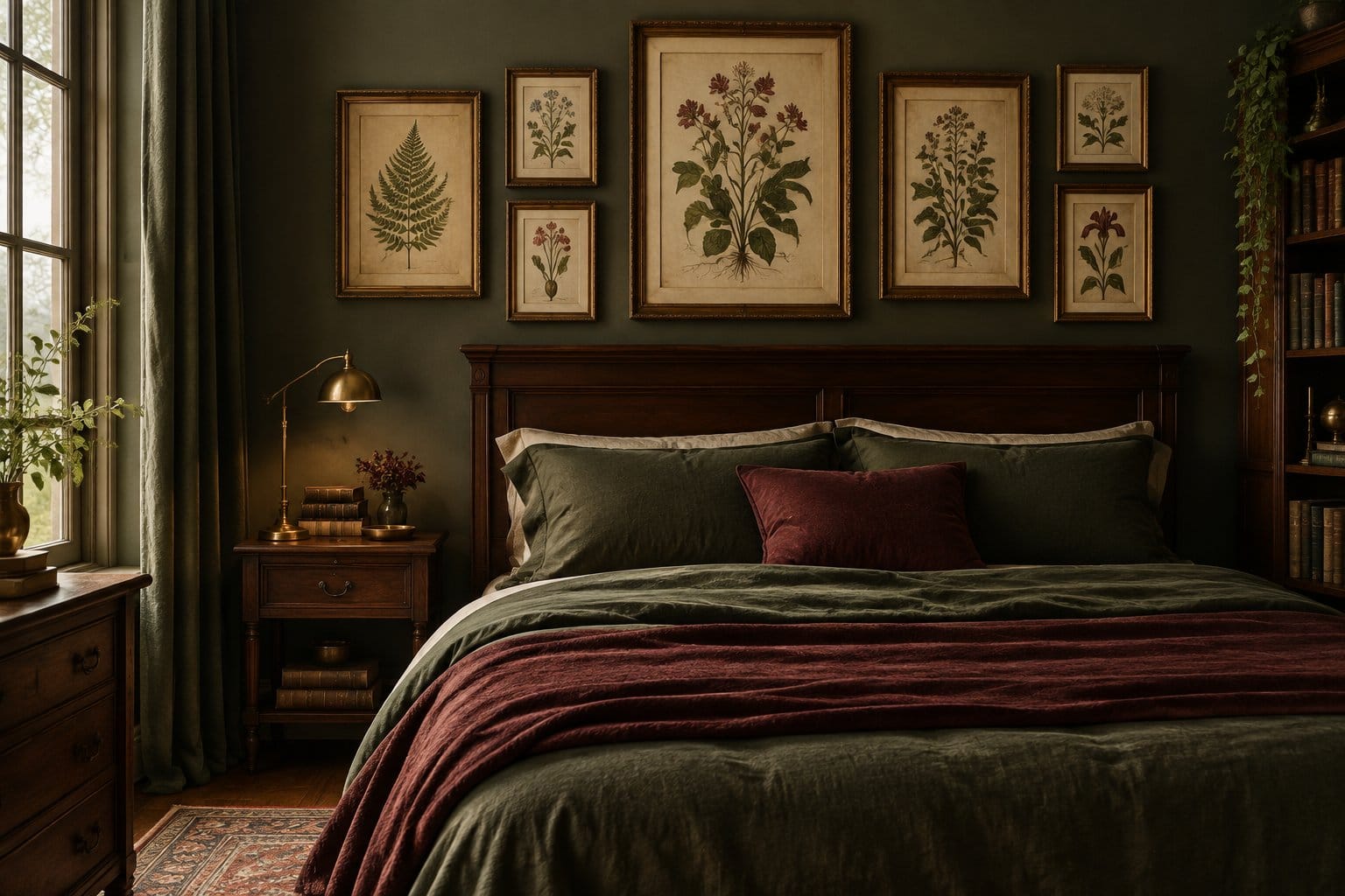 A bedroom with framed botanical prints above a bed.