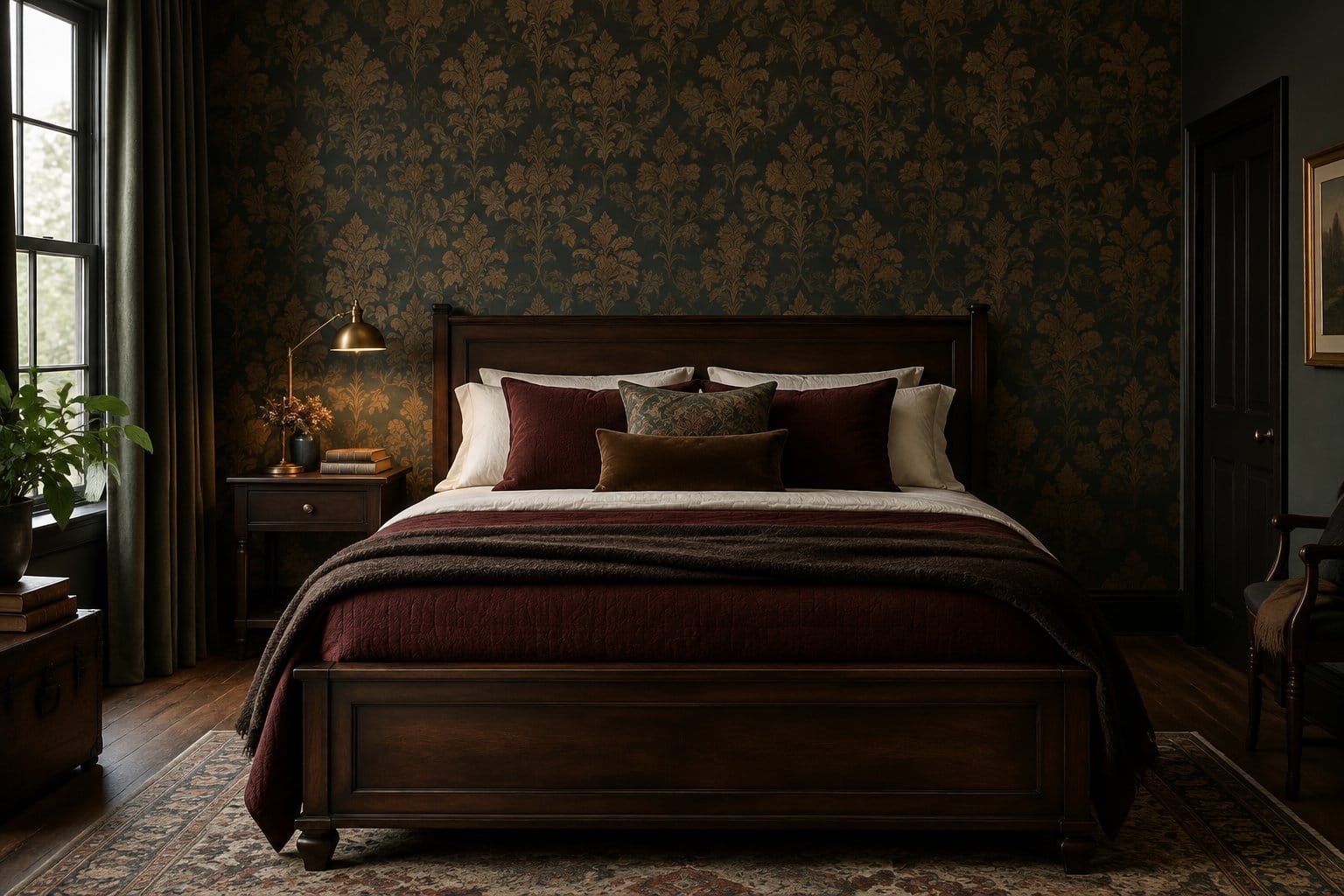 A bed stands in front of a patterned wallpapered wall.
