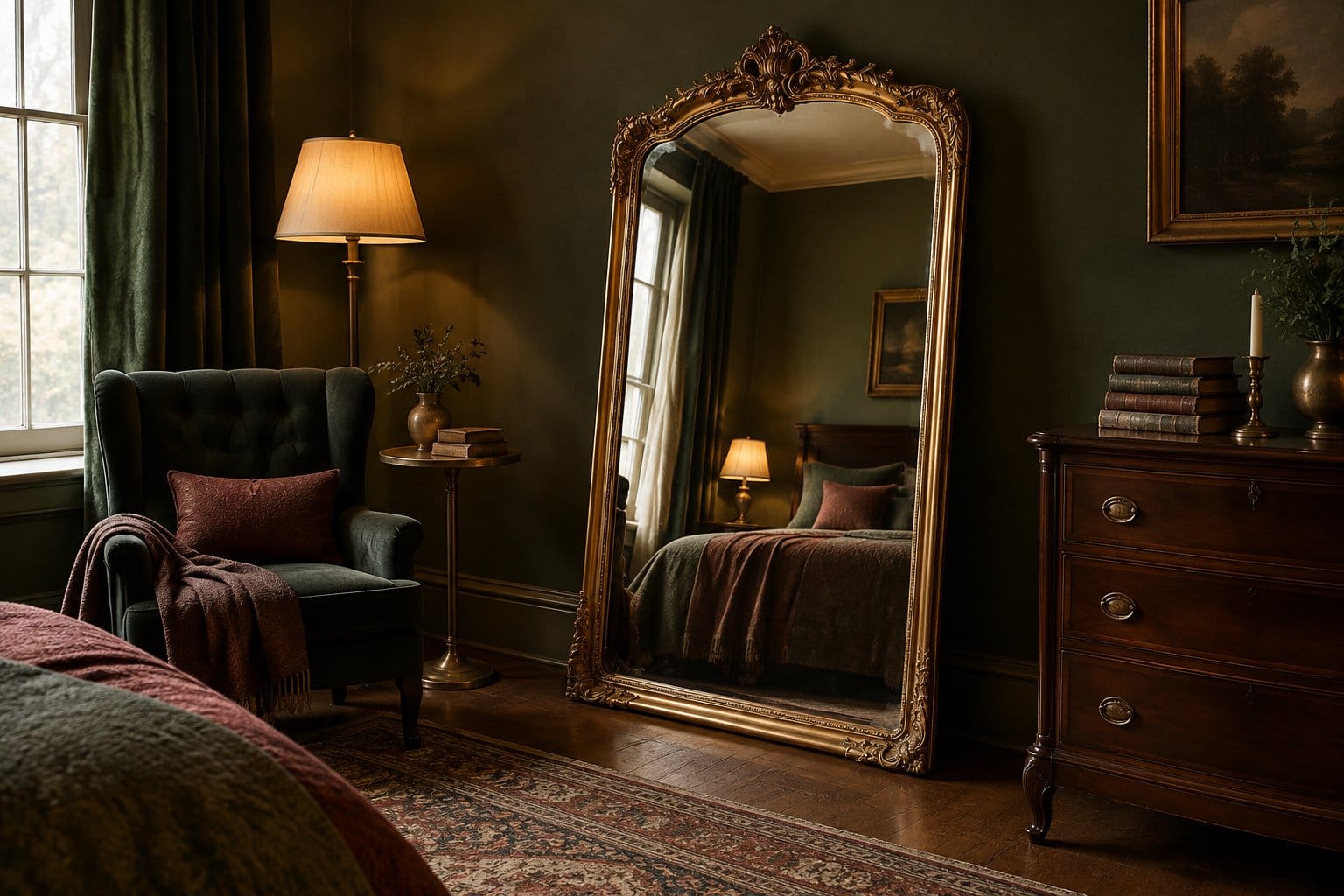 An ornate gold-framed mirror leans against the wall in a bedroom.
