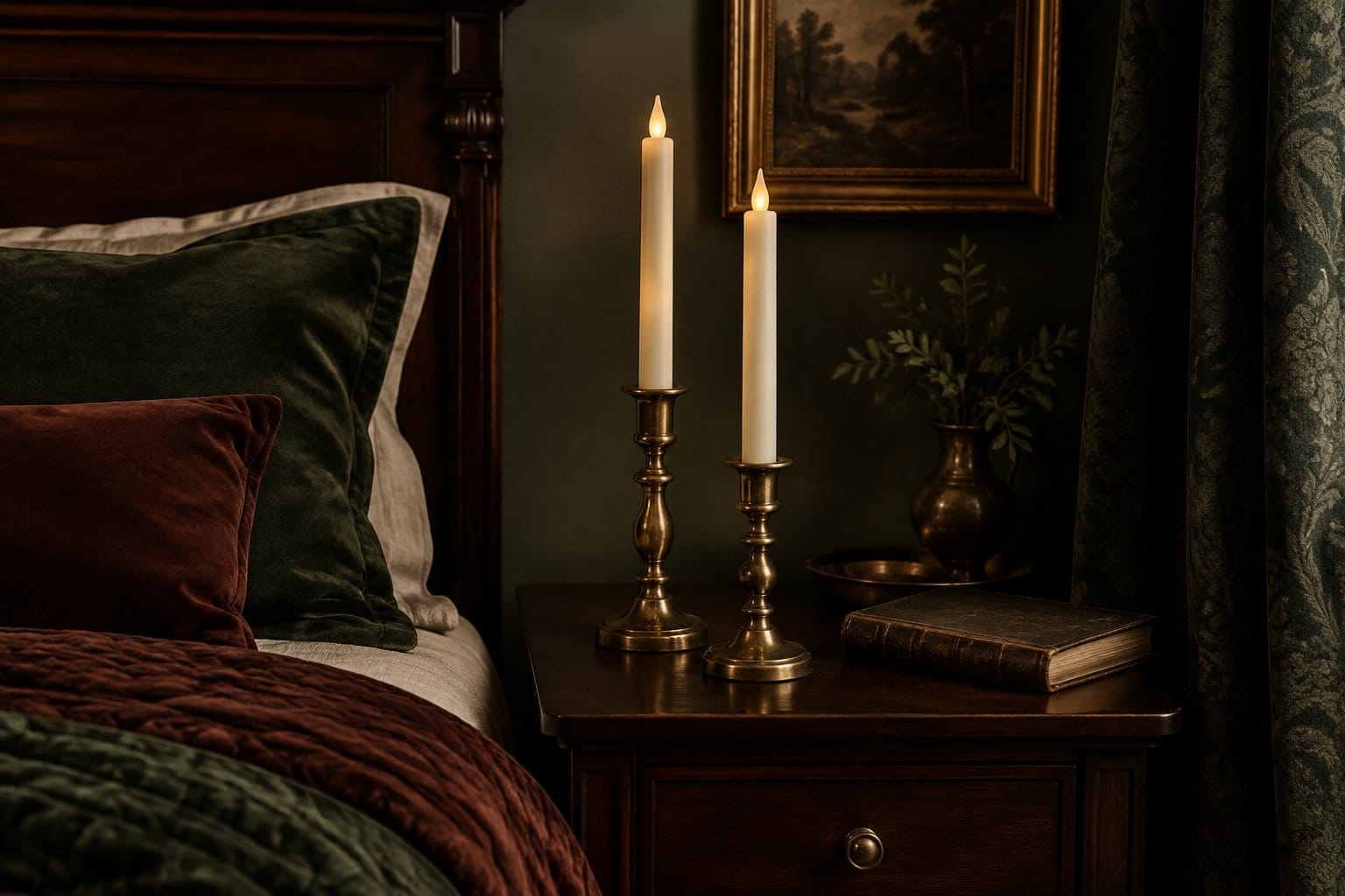Brass candlesticks with flameless taper candles sit on a bedside table.