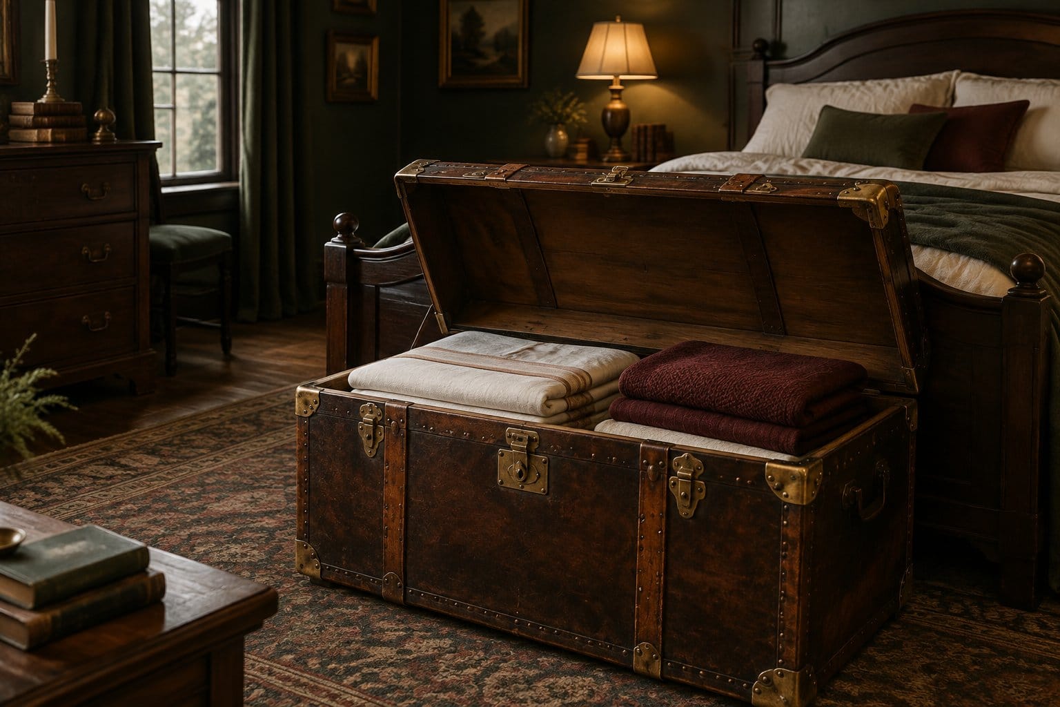 An open vintage trunk filled with folded linens at the foot of a bed.