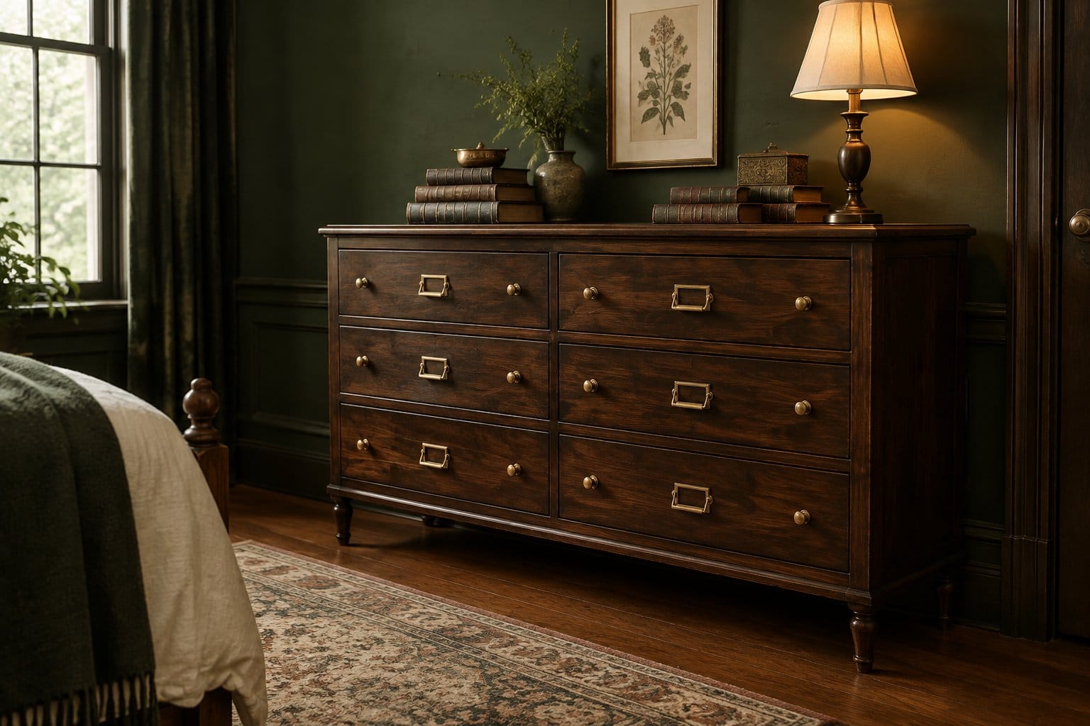 A dark wooden dresser with brass drawer pulls in a bedroom.