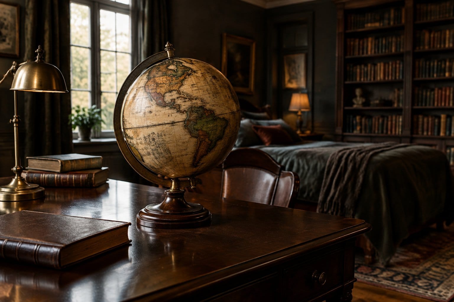 A vintage globe sits on a wooden desk in a bedroom.