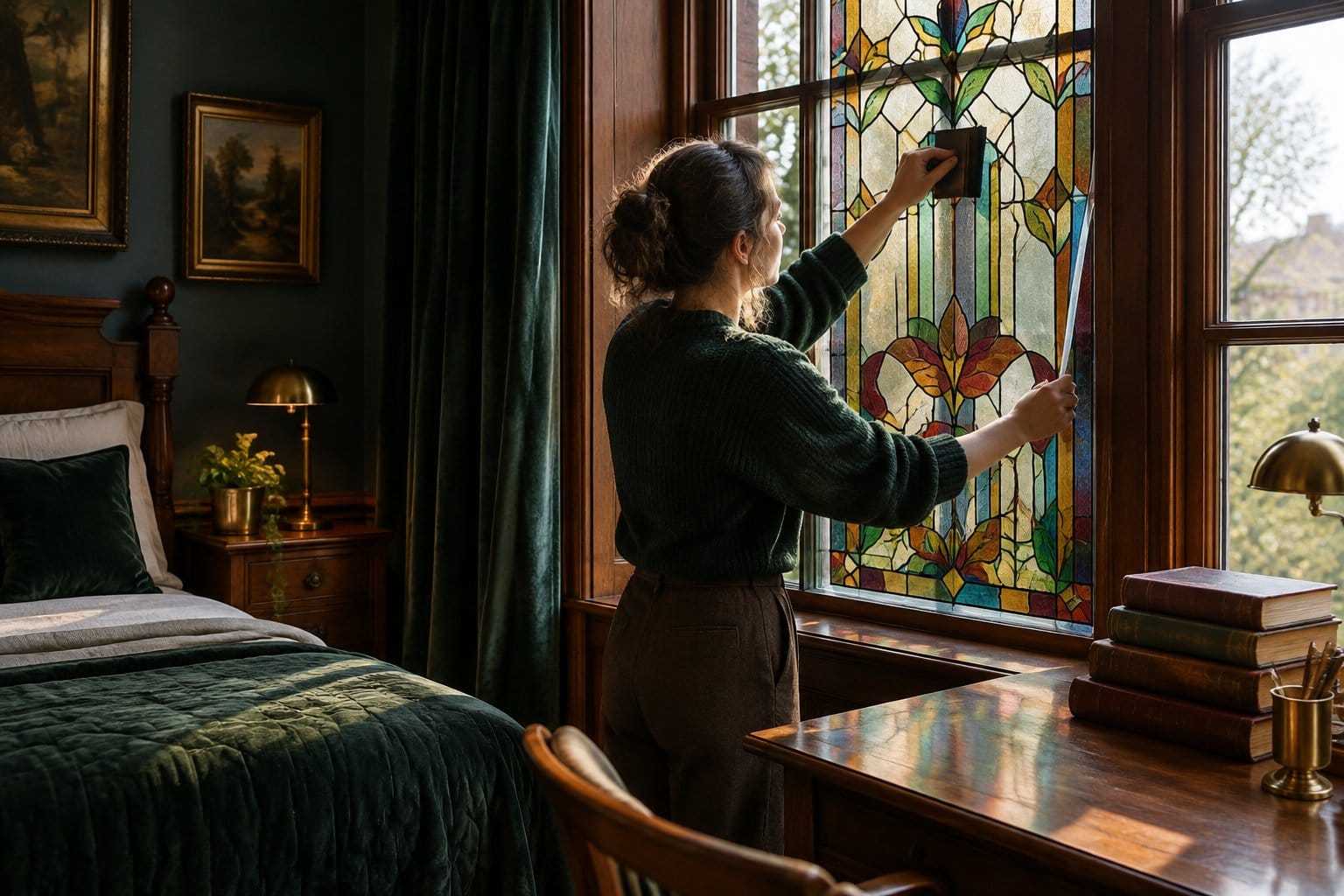A person applies decorative film to a bedroom window.