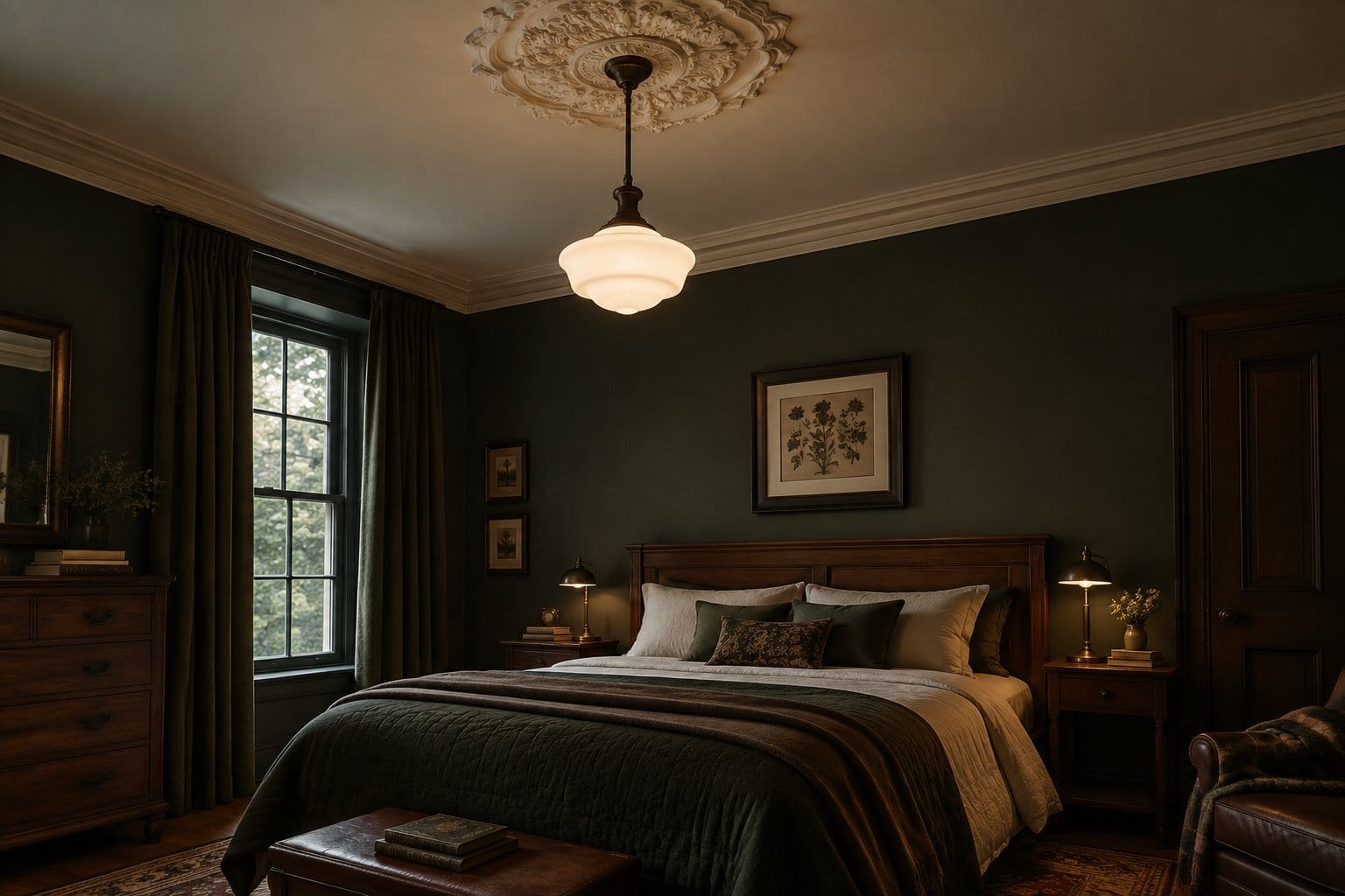 A hanging pendant light above a bedroom with a bed and wooden furniture.