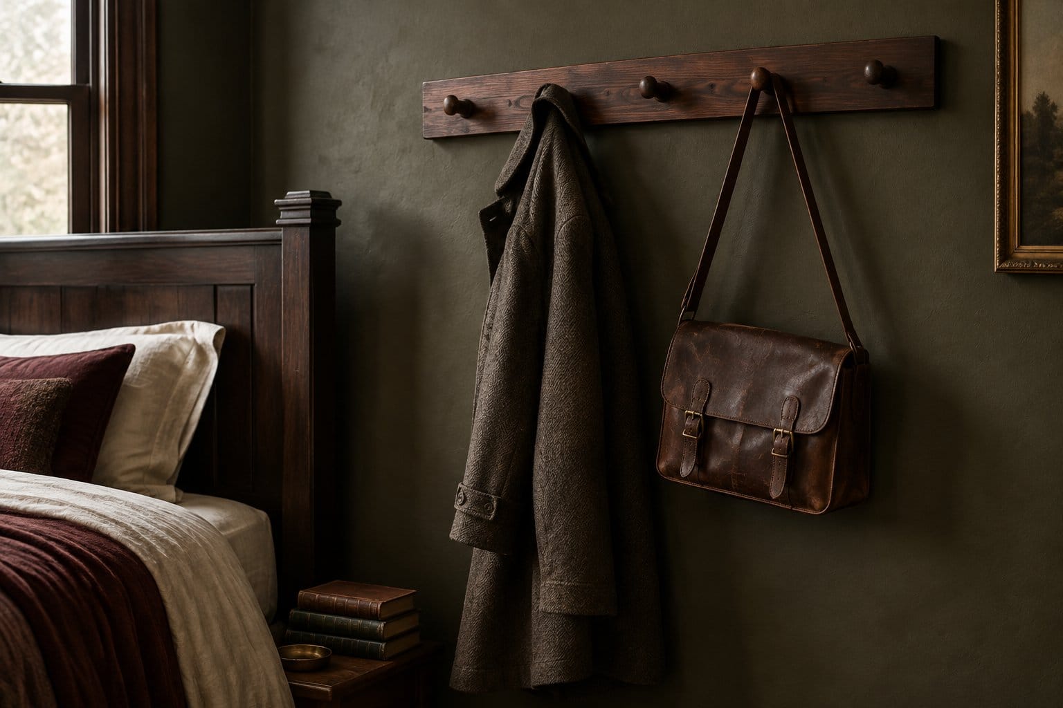 A dark wooden peg rail holds a coat and leather satchel on a bedroom wall.