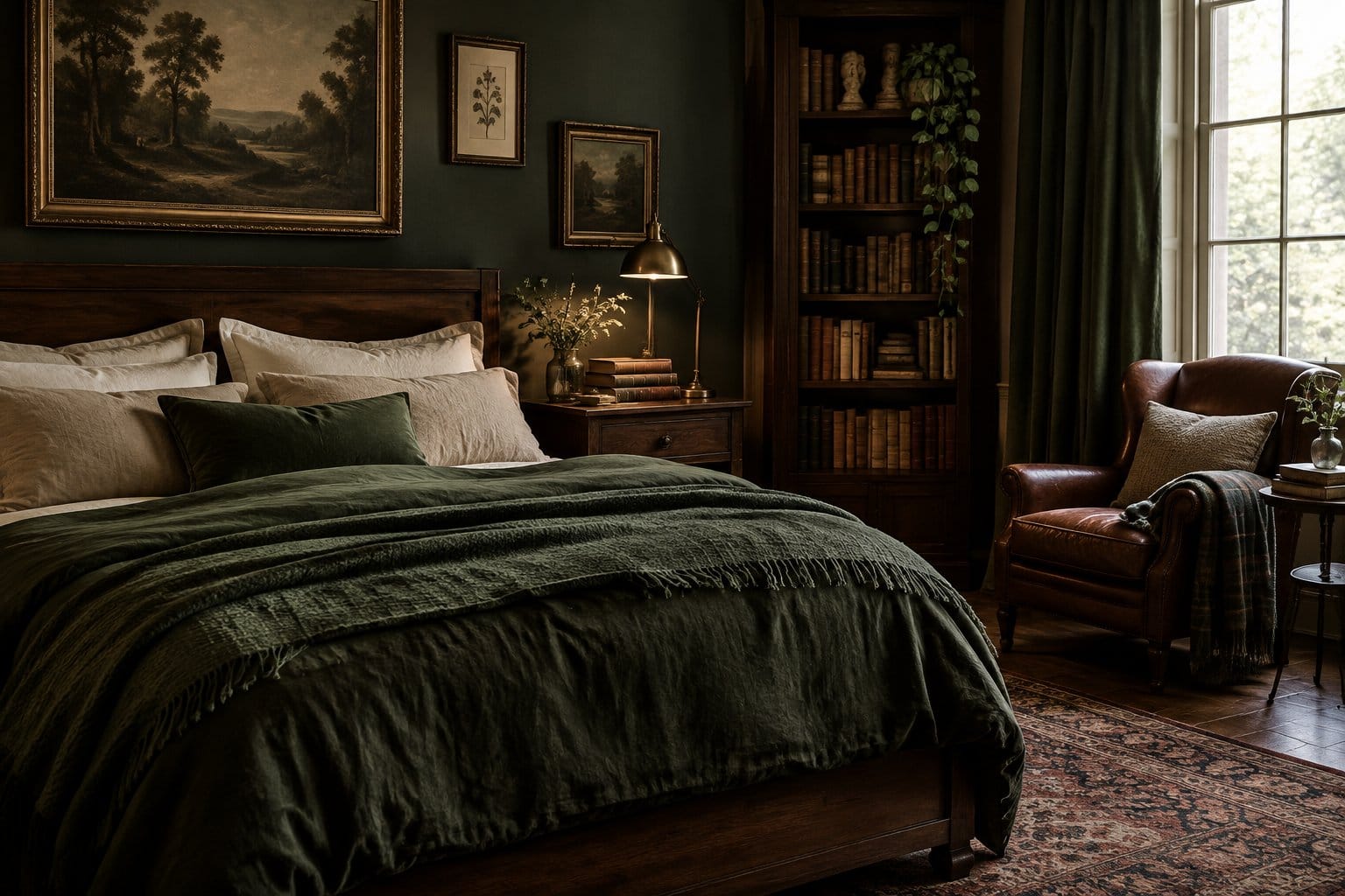 A cozy bedroom with dark bedding, antique books, and a warm bedside lamp.